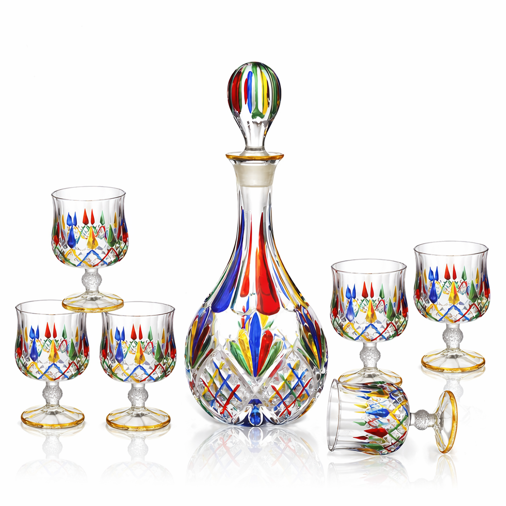 Conjunto com Garrafa e Copos de Cristal Colorido