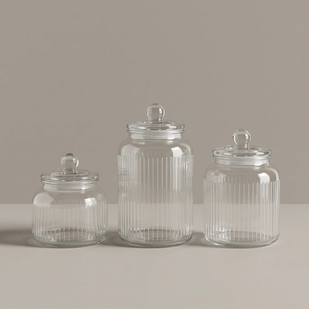 Kit 3 Potes Herméticos de Vidro Canelado · 900 ml, 1,3 L e 1,6 L