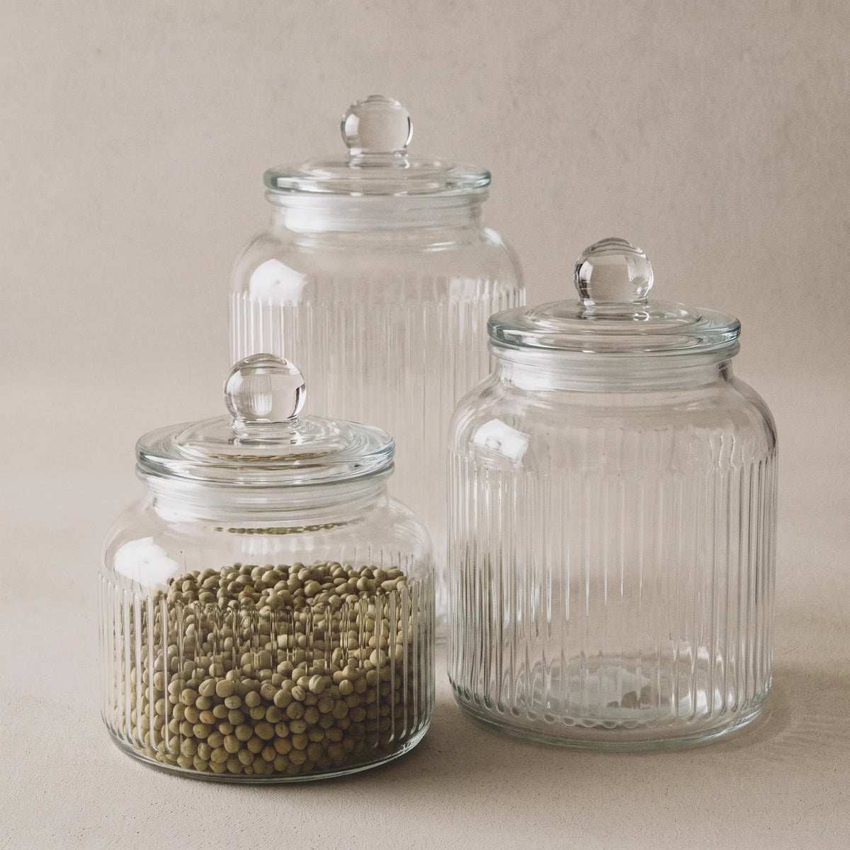 Kit 3 Potes Herméticos de Vidro Canelado · 900 ml, 1,3 L e 1,6 L