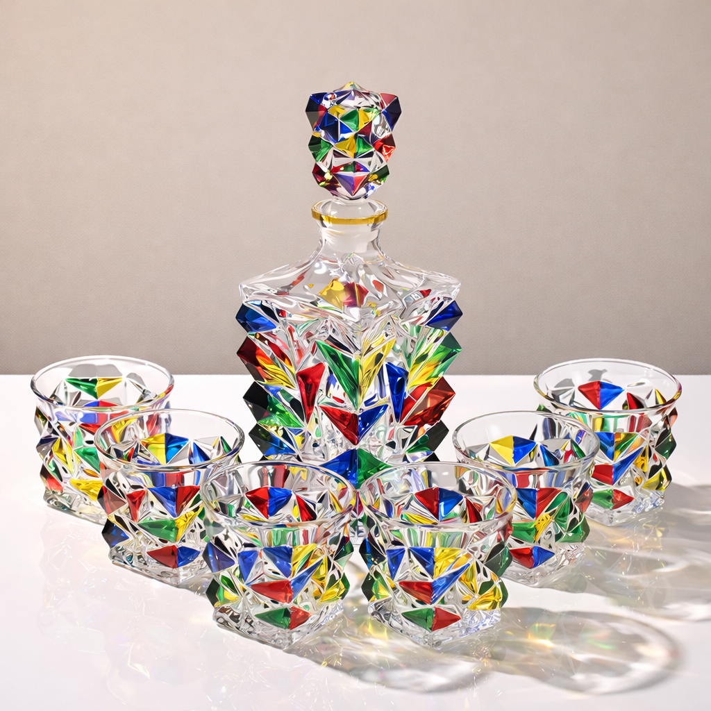 Conjunto com Garrafa e Copos de Cristal Colorido