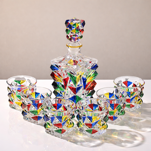 Conjunto com Garrafa e Copos de Cristal Colorido