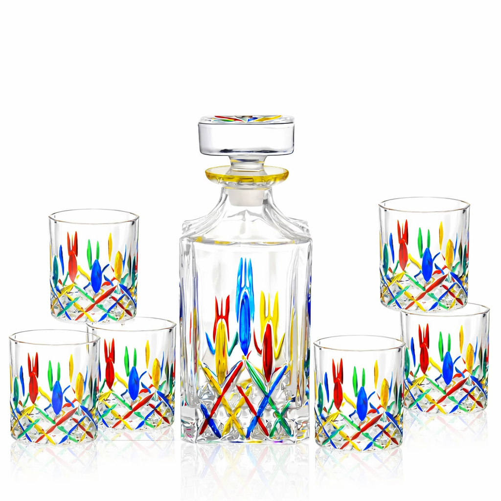 Conjunto com Garrafa e Copos de Cristal Colorido