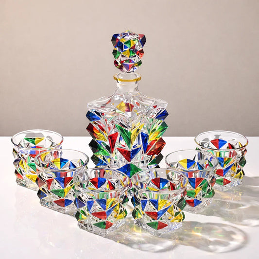 Conjunto com Garrafa e Copos de Cristal Colorido