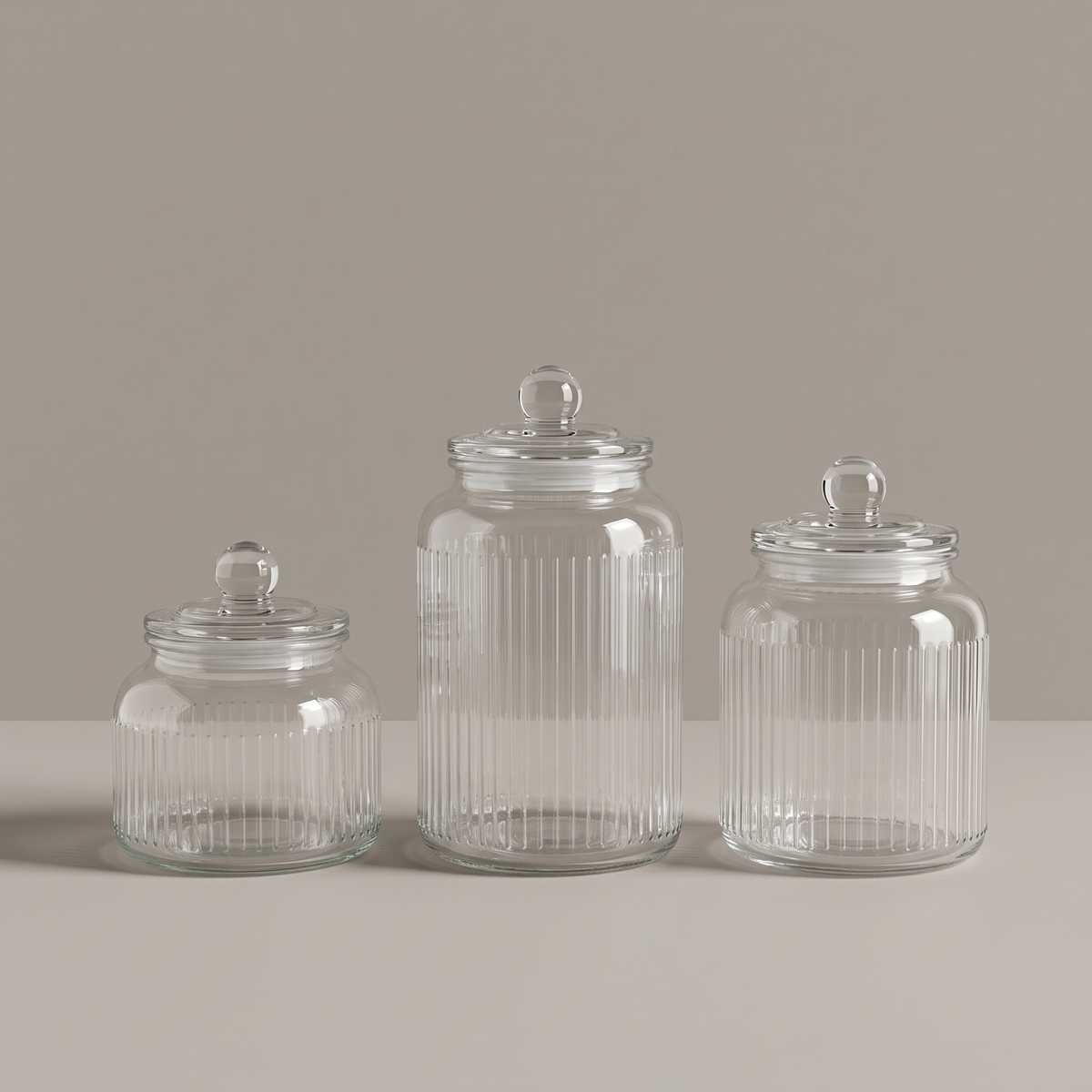 Kit 3 Potes Herméticos de Vidro Canelado · 900 ml, 1,3 L e 1,6 L
