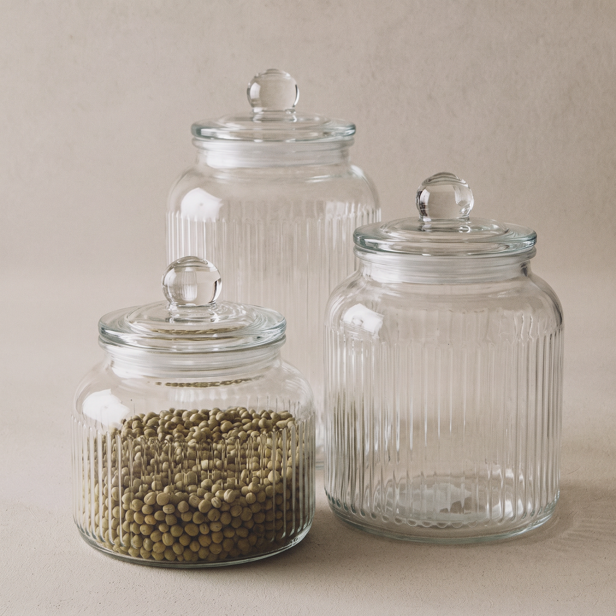 Kit 3 Potes Herméticos de Vidro Canelado · 900 ml, 1,3 L e 1,6 L